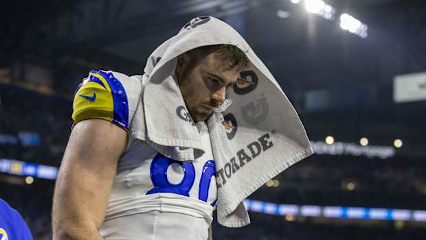 Jan 14, 2024; Detroit, Michigan, USA; Los Angeles Rams tight end Tyler Higbee (89) leaves the field after losing a 2024 NFC wild card game against the Detroit Lions at Ford Field.